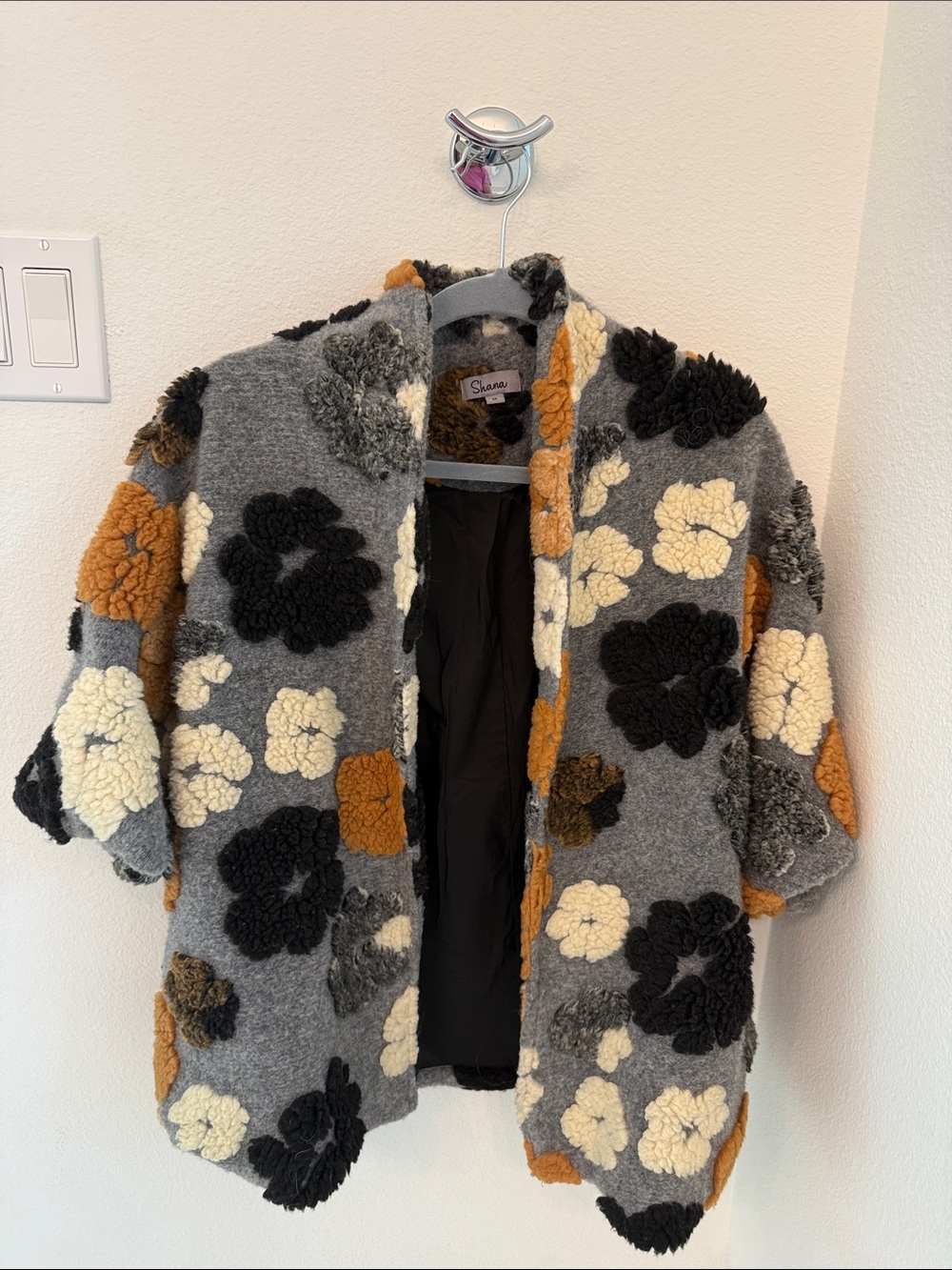 SHANA Gray Teddy Coat with Cream, Black & Brown Floral Appliqués